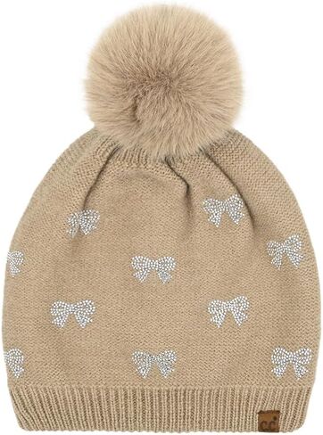 ScarvesMe Soft Warm All Over Rhinestone Mini Bow Pom Beanie Winter Hat in Kuwait