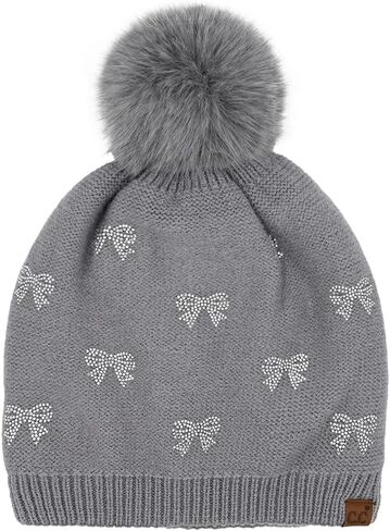 ScarvesMe Soft Warm All Over Rhinestone Mini Bow Pom Beanie Winter Hat in Kuwait
