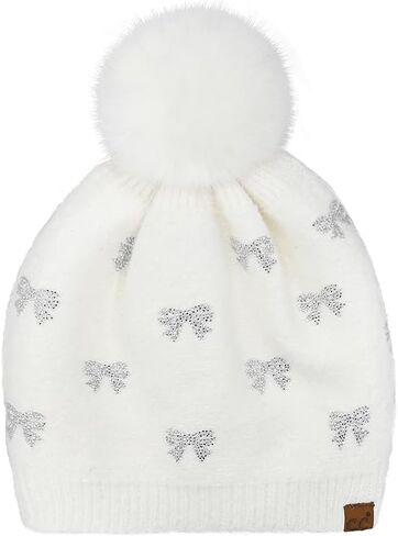 ScarvesMe Soft Warm All Over Rhinestone Mini Bow Pom Beanie Winter Hat in Kuwait