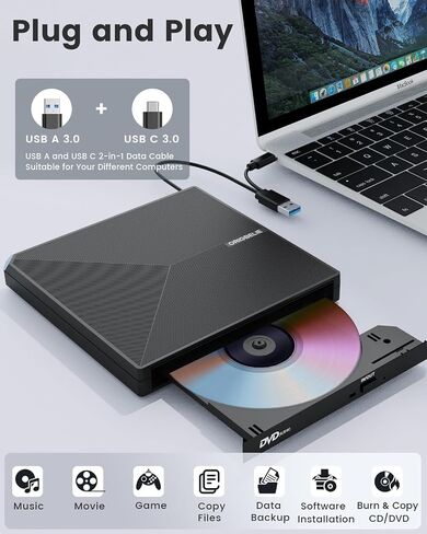 External CD DVD Drive for Laptop, USB 3.0 Type-C Ultra Slim 13mm DVD Player Portable CD DVD +/-RW Drive CD Burner Reader Writer Recorder for Desktop PC Windows 11/10/8/7 Linux Mac OS (Red) in Kuwait
