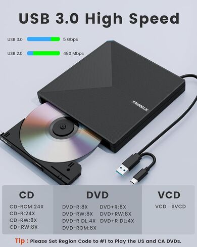 External CD DVD Drive for Laptop, USB 3.0 Type-C Ultra Slim 13mm DVD Player Portable CD DVD +/-RW Drive CD Burner Reader Writer Recorder for Desktop PC Windows 11/10/8/7 Linux Mac OS (Red) in Kuwait