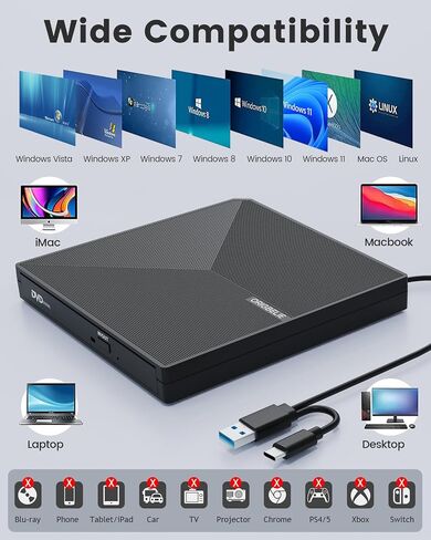 External CD DVD Drive for Laptop, USB 3.0 Type-C Ultra Slim 13mm DVD Player Portable CD DVD +/-RW Drive CD Burner Reader Writer Recorder for Desktop PC Windows 11/10/8/7 Linux Mac OS (Red) in Kuwait