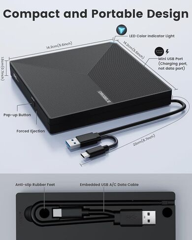 External CD DVD Drive for Laptop, USB 3.0 Type-C Ultra Slim 13mm DVD Player Portable CD DVD +/-RW Drive CD Burner Reader Writer Recorder for Desktop PC Windows 11/10/8/7 Linux Mac OS (Red) in Kuwait