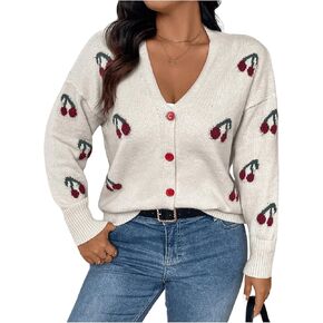 OYOANGLE Women's Plus Size Cherry Print Cardigan Sweater V Neck Button Up Sweater Jacket Fall Winter Coats in Saudi Arabia