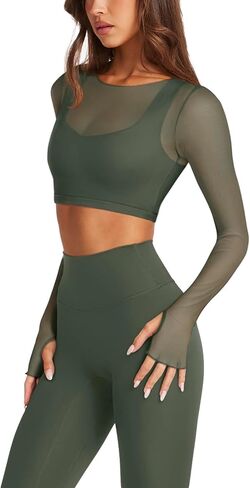 LASLULU Mesh Long Sleeve Crop Tops for Women Double Lined Workout Athletic Gym Shirts Cropped Tops with Built in Bra in Kuwait