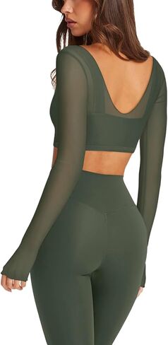 LASLULU Mesh Long Sleeve Crop Tops for Women Double Lined Workout Athletic Gym Shirts Cropped Tops with Built in Bra in Kuwait