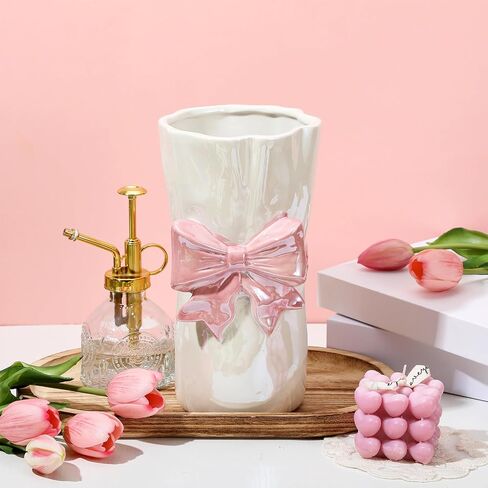 1pcs Pink Ceramic Bow Vase 9 x 5 inches,Unique Cute Modern Decorative Bouquet Flower Large Vases for Home Living Room Table Decor Women Girl Gifts in Saudi Arabia