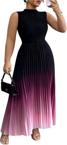 SOLY HUX Women's Plus Size Maxi Dress Ombre Mock Neck Sleeveless Pleated A Line Flowy Long Dresses in Saudi Arabia