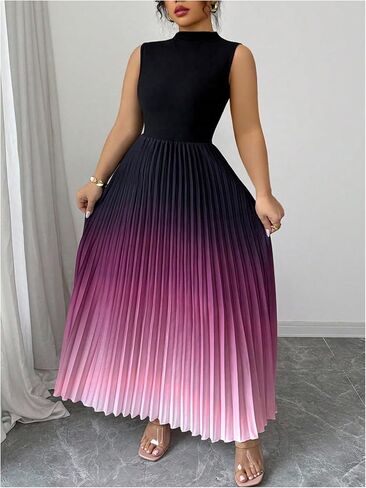 SOLY HUX Women's Plus Size Maxi Dress Ombre Mock Neck Sleeveless Pleated A Line Flowy Long Dresses in Saudi Arabia
