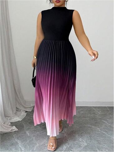 SOLY HUX Women's Plus Size Maxi Dress Ombre Mock Neck Sleeveless Pleated A Line Flowy Long Dresses in Saudi Arabia