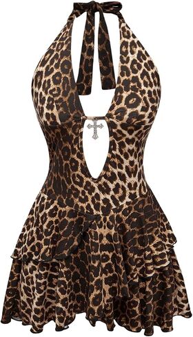 Floerns Women's Leopard Halter Deep V Neck Dress Layered Ruffle Gothic Y2k Mini Dress in Saudi Arabia
