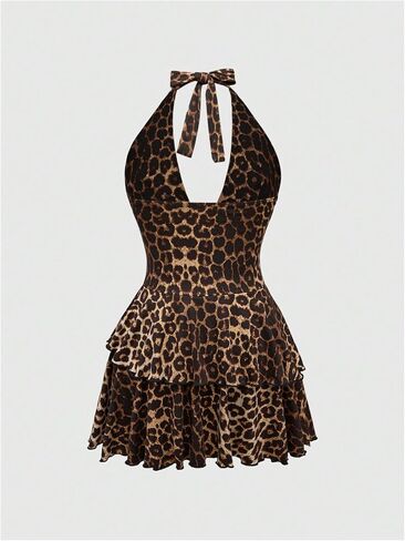 Floerns Women's Leopard Halter Deep V Neck Dress Layered Ruffle Gothic Y2k Mini Dress in Saudi Arabia