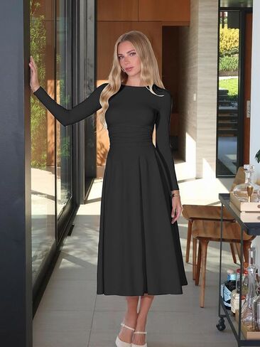 Kaximil Women's Long Sleeve Corset A Line Maxi Dress Ruffle Ruched Waist Flowy Long Dress in Saudi Arabia