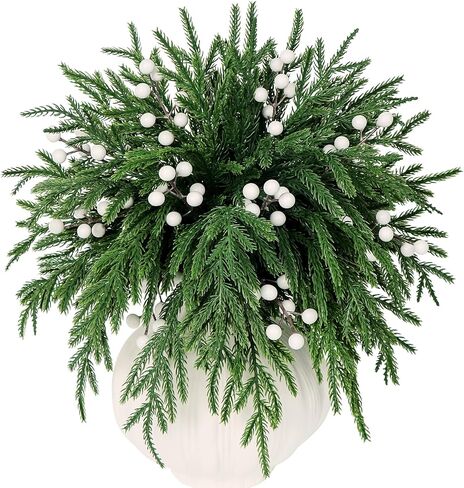Set of 40 Artificial Norfolk Pine Branches with Red Berry 12.8" Christmas Greenery Picks Norfolk Pine Stems Fake Pine Tree Needle Sprigs for Vase Filler DIY Craft Garland Home Decorations (Frost) in Kuwait