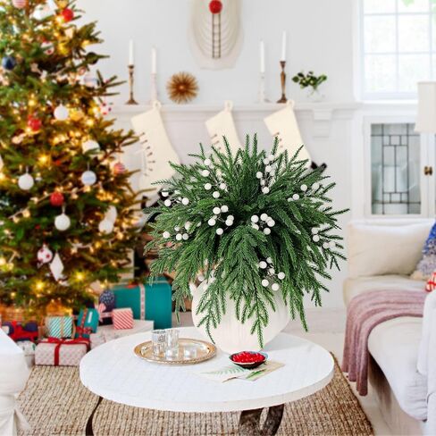 Set of 40 Artificial Norfolk Pine Branches with Red Berry 12.8" Christmas Greenery Picks Norfolk Pine Stems Fake Pine Tree Needle Sprigs for Vase Filler DIY Craft Garland Home Decorations (Frost) in Kuwait