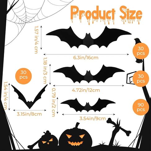 Bats Halloween Decorations, 204 Pcs Realistic 3D Spiders & Bats Halloween Decor Indoor Outdoor Party Supplies Black Scary Spider Bat Stickers for DIY Window Wall Decals DIY Home Decor in Saudi Arabia
