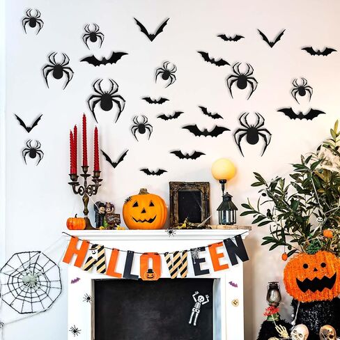 Bats Halloween Decorations, 204 Pcs Realistic 3D Spiders & Bats Halloween Decor Indoor Outdoor Party Supplies Black Scary Spider Bat Stickers for DIY Window Wall Decals DIY Home Decor in Saudi Arabia