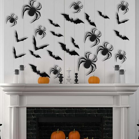 Bats Halloween Decorations, 204 Pcs Realistic 3D Spiders & Bats Halloween Decor Indoor Outdoor Party Supplies Black Scary Spider Bat Stickers for DIY Window Wall Decals DIY Home Decor in Saudi Arabia