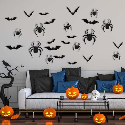 Bats Halloween Decorations, 204 Pcs Realistic 3D Spiders & Bats Halloween Decor Indoor Outdoor Party Supplies Black Scary Spider Bat Stickers for DIY Window Wall Decals DIY Home Decor in Saudi Arabia
