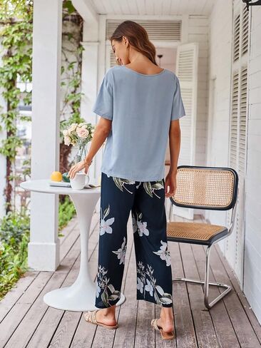Women's Pajamas Set Blue and Navy Floral Print Short Sleeve Soft Breathable Sleepwear in Saudi Arabia