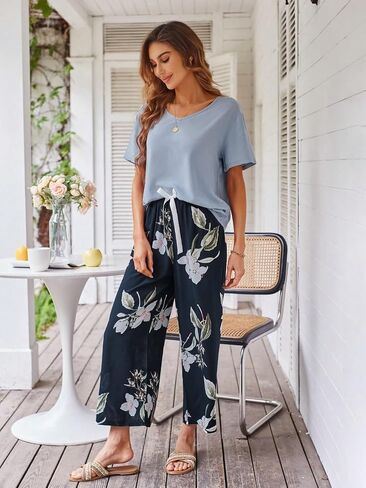 Women's Pajamas Set Blue and Navy Floral Print Short Sleeve Soft Breathable Sleepwear in Saudi Arabia