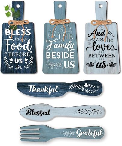 PH PandaHall 6pcs Kitchen Wall Decor Bless Food Sign Set Wall Table Accessories Wooden Pendant Decorations Mini Plaque Fork Spoon Shape Sign Rustic Style Home Dector Blue, 11x5.5 inch/11.8x2 inch in Saudi Arabia