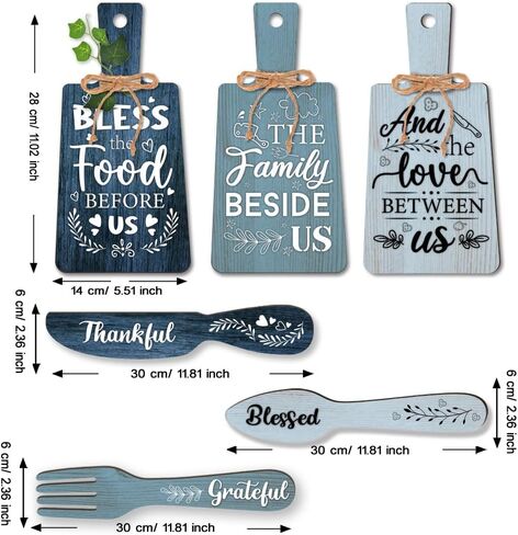 PH PandaHall 6pcs Kitchen Wall Decor Bless Food Sign Set Wall Table Accessories Wooden Pendant Decorations Mini Plaque Fork Spoon Shape Sign Rustic Style Home Dector Blue, 11x5.5 inch/11.8x2 inch in Saudi Arabia