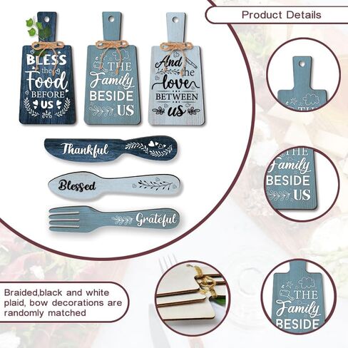 PH PandaHall 6pcs Kitchen Wall Decor Bless Food Sign Set Wall Table Accessories Wooden Pendant Decorations Mini Plaque Fork Spoon Shape Sign Rustic Style Home Dector Blue, 11x5.5 inch/11.8x2 inch in Saudi Arabia