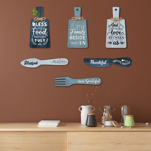 PH PandaHall 6pcs Kitchen Wall Decor Bless Food Sign Set Wall Table Accessories Wooden Pendant Decorations Mini Plaque Fork Spoon Shape Sign Rustic Style Home Dector Blue, 11x5.5 inch/11.8x2 inch in Saudi Arabia