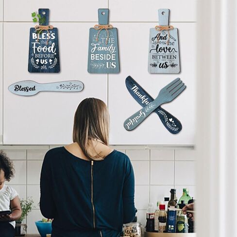 PH PandaHall 6pcs Kitchen Wall Decor Bless Food Sign Set Wall Table Accessories Wooden Pendant Decorations Mini Plaque Fork Spoon Shape Sign Rustic Style Home Dector Blue, 11x5.5 inch/11.8x2 inch in Saudi Arabia