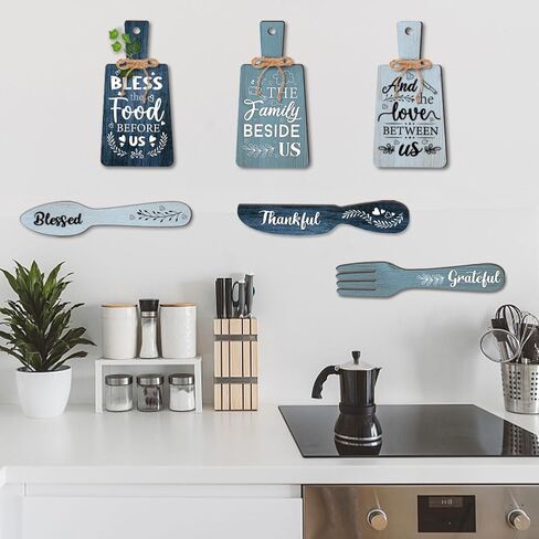 PH PandaHall 6pcs Kitchen Wall Decor Bless Food Sign Set Wall Table Accessories Wooden Pendant Decorations Mini Plaque Fork Spoon Shape Sign Rustic Style Home Dector Blue, 11x5.5 inch/11.8x2 inch in Saudi Arabia