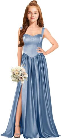 MRHUSH Junior Bridesmaid Dresses Satin Flower Girl Dress Side Silt Prom Dresses for Teens Girls Formal Dress Spaghetti Straps in Saudi Arabia