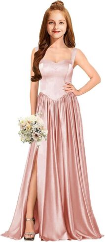 MRHUSH Junior Bridesmaid Dresses Satin Flower Girl Dress Side Silt Prom Dresses for Teens Girls Formal Dress Spaghetti Straps in Saudi Arabia