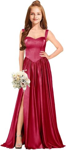 MRHUSH Junior Bridesmaid Dresses Satin Flower Girl Dress Side Silt Prom Dresses for Teens Girls Formal Dress Spaghetti Straps in Saudi Arabia