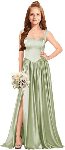 MRHUSH Junior Bridesmaid Dresses Satin Flower Girl Dress Side Silt Prom Dresses for Teens Girls Formal Dress Spaghetti Straps in Saudi Arabia