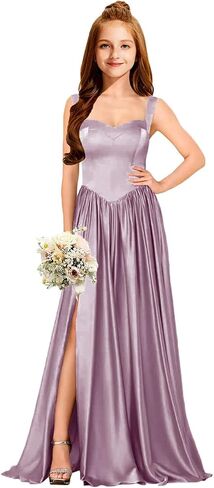 MRHUSH Junior Bridesmaid Dresses Satin Flower Girl Dress Side Silt Prom Dresses for Teens Girls Formal Dress Spaghetti Straps in Saudi Arabia