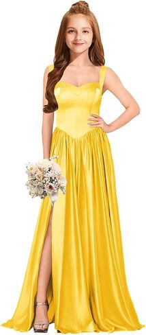 MRHUSH Junior Bridesmaid Dresses Satin Flower Girl Dress Side Silt Prom Dresses for Teens Girls Formal Dress Spaghetti Straps in Saudi Arabia