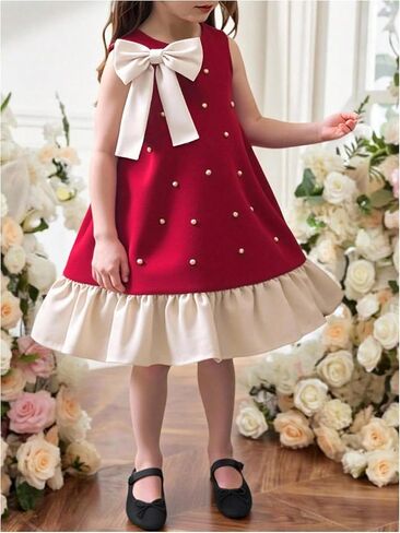 GORGLITTER Girl's Bow Short Dresses Cute Ruffle Sleeveless Pearl Princess Summer Casual Party Flowy Skater Tank Dress in Saudi Arabia