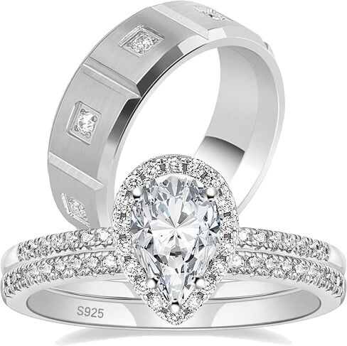 Couple Rings White Gold Plated 925 Sterling Silver Ring Pear 1.5CT AAAAA CZ Women Wedding Ring Sets Men Titanium Steel Ring in Saudi Arabia