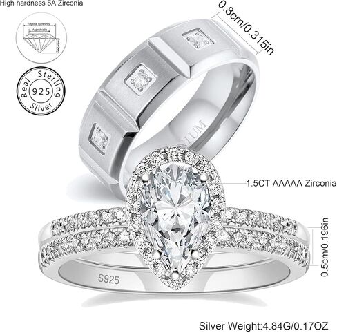 Couple Rings White Gold Plated 925 Sterling Silver Ring Pear 1.5CT AAAAA CZ Women Wedding Ring Sets Men Titanium Steel Ring in Saudi Arabia