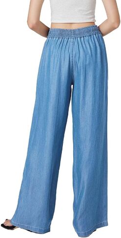 Women's High-Rise Wide-Leg Pull-On Jeans, Elastic Waist, Loose Fit Soft Denim in Saudi Arabia