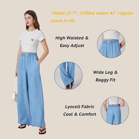 Women's High-Rise Wide-Leg Pull-On Jeans, Elastic Waist, Loose Fit Soft Denim in Saudi Arabia
