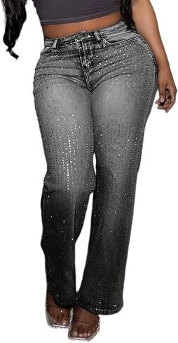 Womens Rhinestone Jeans Baggy High Waisted Wide Straight Leg Y2K Bling Sparkly Glitter Denim Pants Streetwear in Kuwait