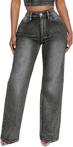 Womens Rhinestone Jeans Baggy High Waisted Wide Straight Leg Y2K Bling Sparkly Glitter Denim Pants Streetwear in Kuwait
