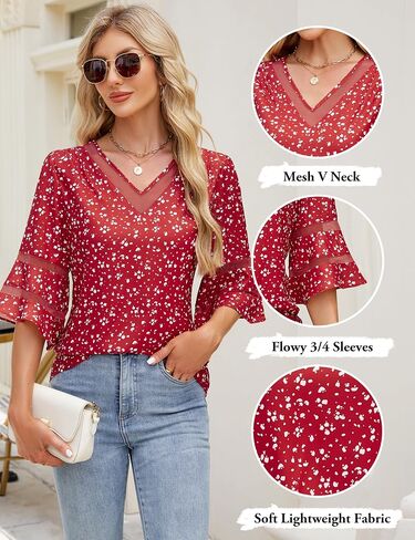 Blooming Jelly Womens Dressy Casual Blouses Business 3/4 Length Sleeve Tops Mesh V Neck Work Shirts Summer Outfits 2025 in Saudi Arabia