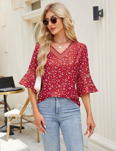 Blooming Jelly Womens Dressy Casual Blouses Business 3/4 Length Sleeve Tops Mesh V Neck Work Shirts Summer Outfits 2025 in Saudi Arabia