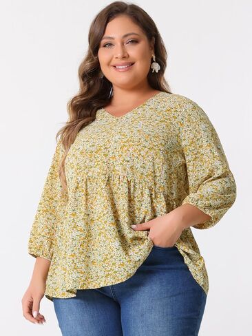 بلوزات نسائية من Agnes Orinda مقاس كبير بيبي دول برقبة على شكل V وأكمام واسعة 3/4 وأكمام واسعة من الزهور للربيع والصيف in Kuwait