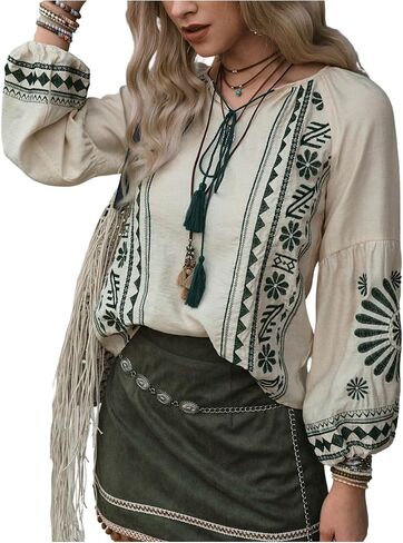 SHENHE Women's Boho Embroidered Shirt Lantern Sleeve Peasant Blouse Tie Neck Dressy Vintage Top in Saudi Arabia