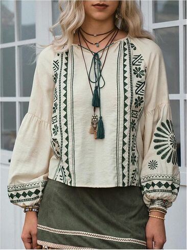 SHENHE Women's Boho Embroidered Shirt Lantern Sleeve Peasant Blouse Tie Neck Dressy Vintage Top in Saudi Arabia