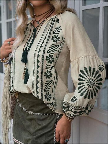 SHENHE Women's Boho Embroidered Shirt Lantern Sleeve Peasant Blouse Tie Neck Dressy Vintage Top in Saudi Arabia